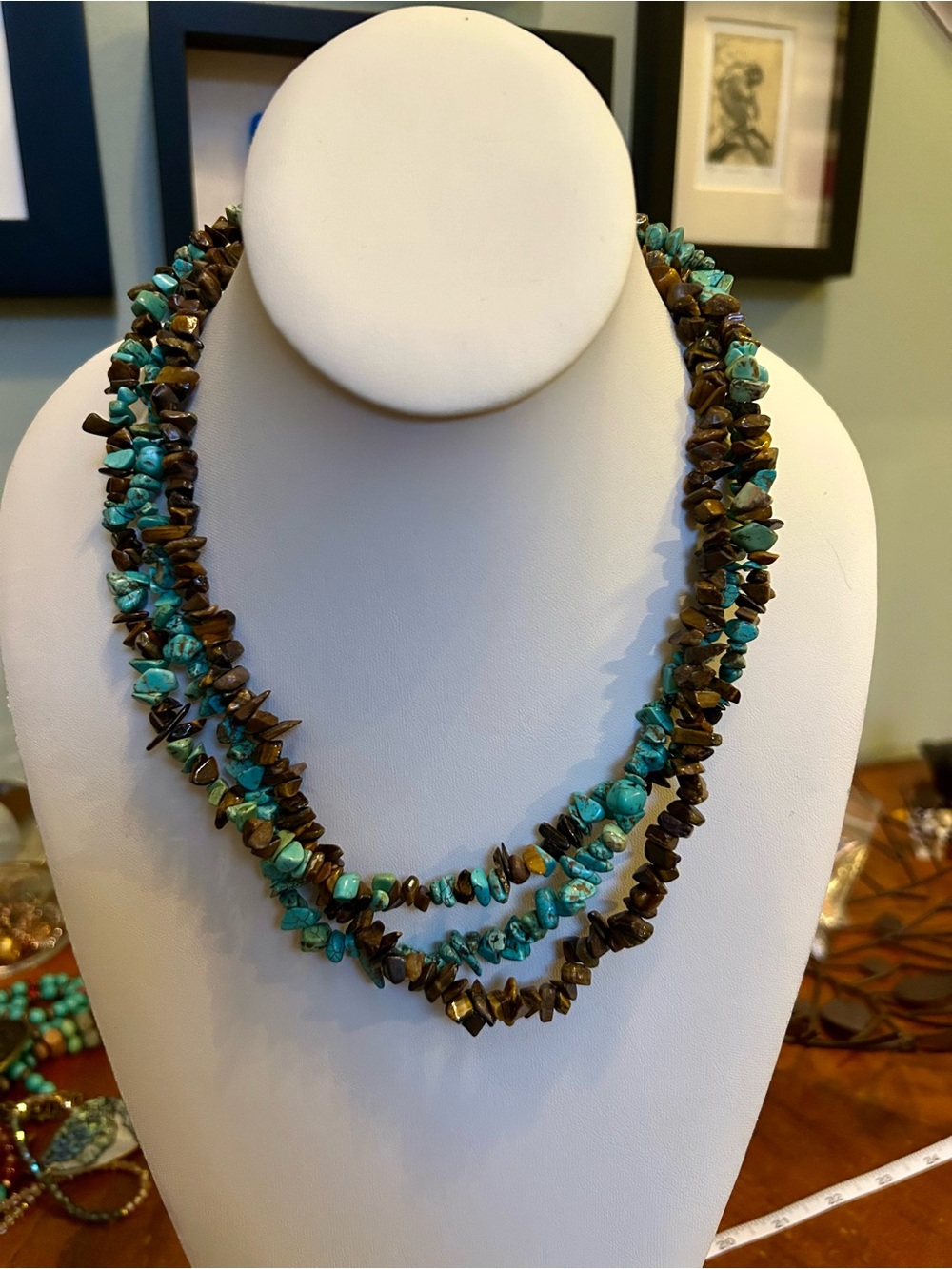 Turquoise and Tiger’s Eye Triple-Strand Chip Necklace